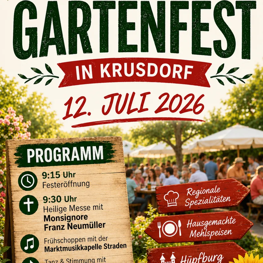 Plakat für ein Gartenfest in Krusdorf am 12. Juli 2026 mit Programm, regionalen Spezialitäten, hausgemachten Gerichten und Straßenmusikern.