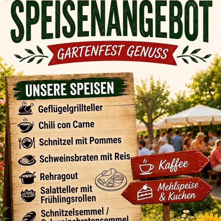 Ein hölzernes Menübrett zeigt ein Gartenfestmenü mit Gerichten wie Hähnchen, Chili und Schweinerippchen, begleitet von Kaffee- und Dessertschildern. Im Hintergrund sitzen Menschen unter Sonnenschirmen.