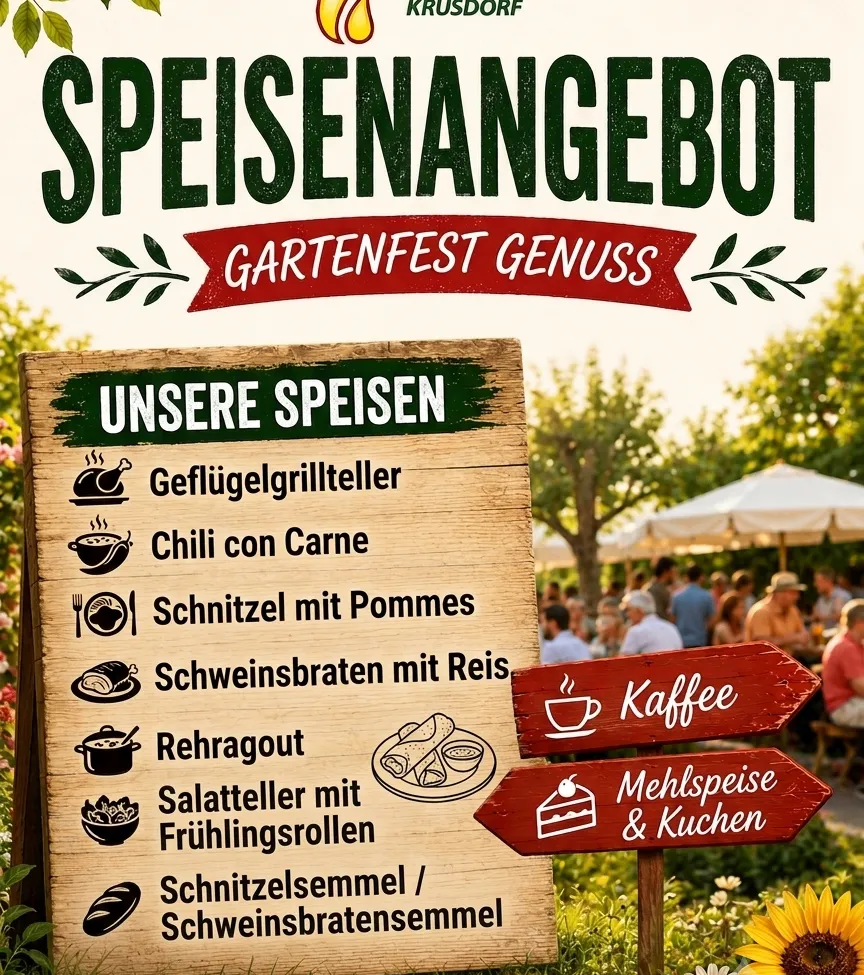 Ein hölzernes Menübrett zeigt ein Gartenfestmenü mit Gerichten wie Hähnchen, Chili und Schweinerippchen, begleitet von Kaffee- und Dessertschildern. Im Hintergrund sitzen Menschen unter Sonnenschirmen.