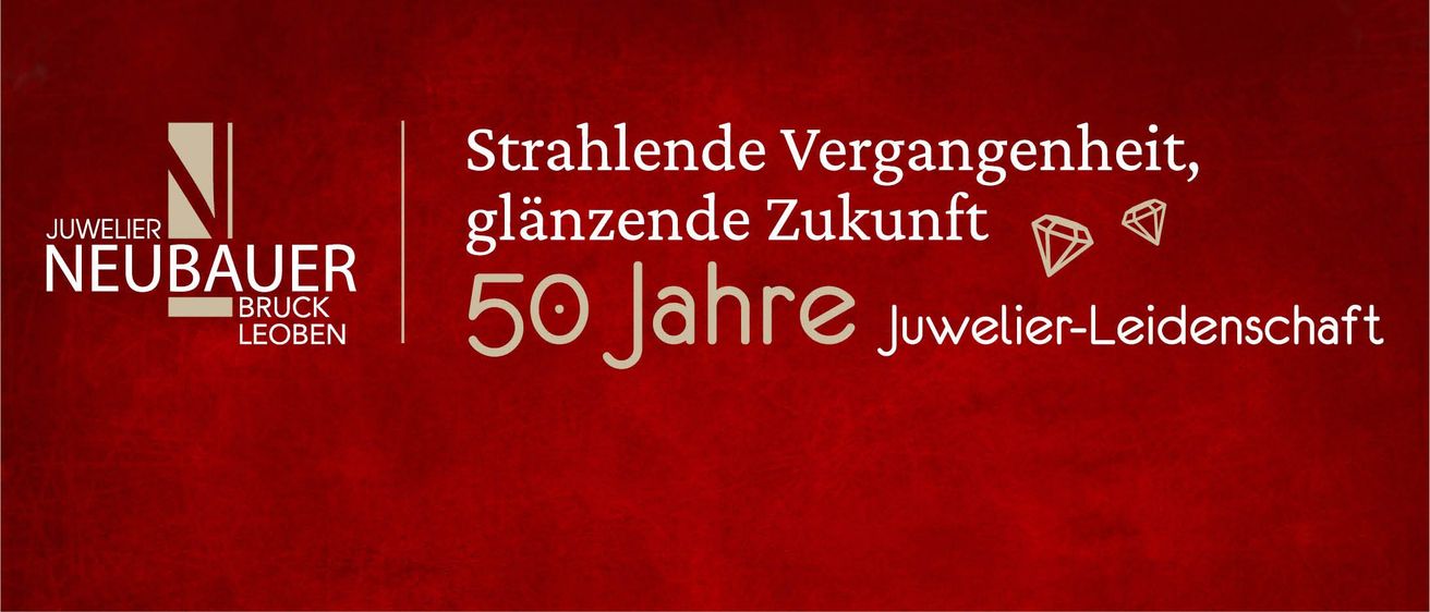 Ein roter Hintergrund zeigt weißen Text, der Strahlende Vergangenheit glanzende Zukunft 50 Jahre Juwelier liest, zur Feier des 50-jährigen Jubiläums eines Juweliers.