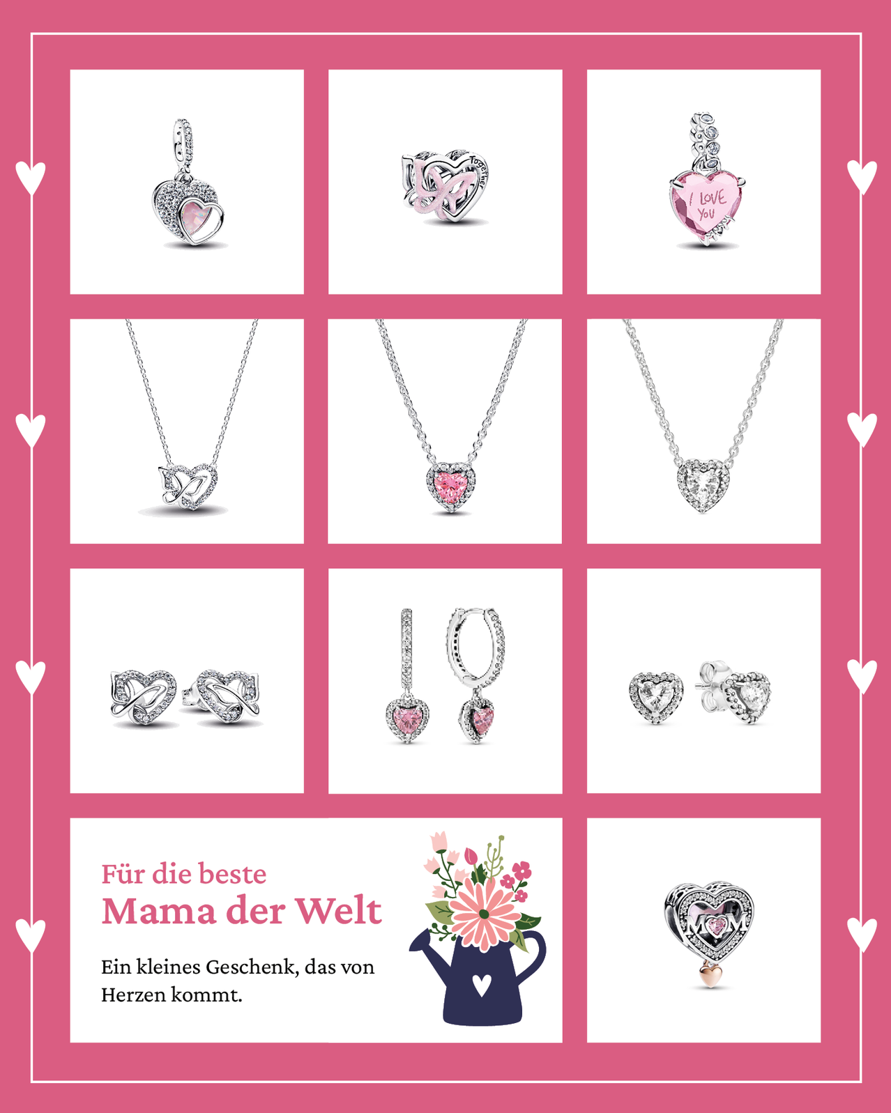 Eine Kollektion herzförmiger Schmuckstücke in Rosa und Silber. Beinhaltet Halsketten, Ohrringe und Anhänger. Jedes Stück ist mit Liebe für die beste Mama gefertigt.