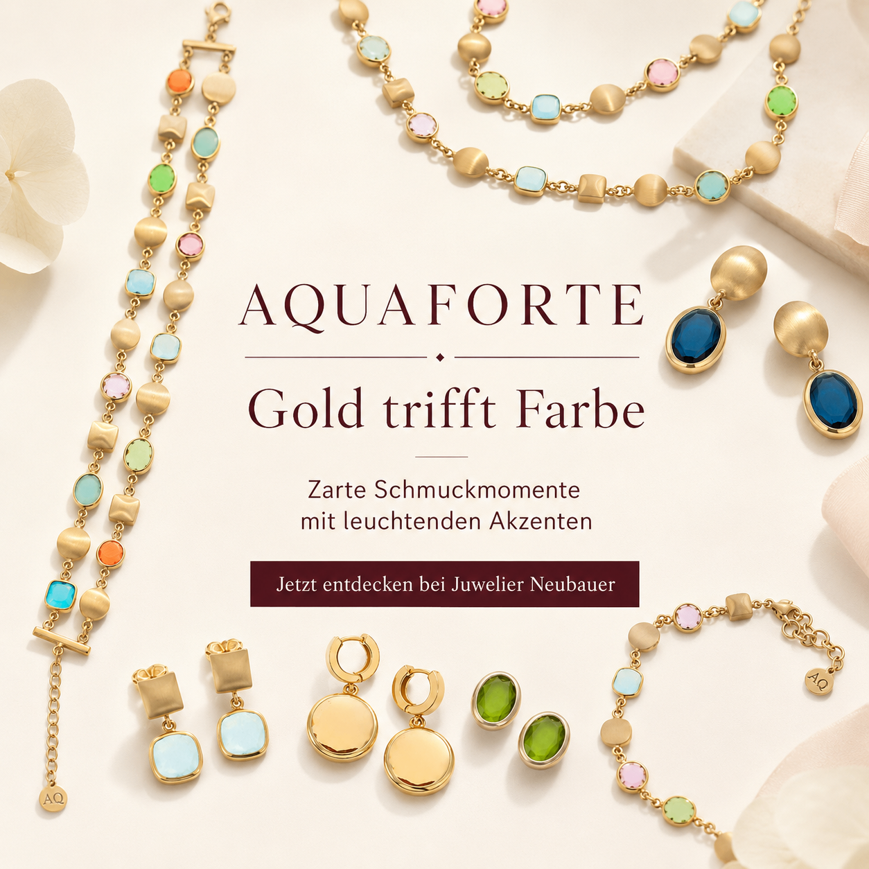 Vergoldeter Schmuck mit mehrfarbigen Steinen. Aquaforte Marke. Jetzt entdecken bei Juwelier Neubauer.