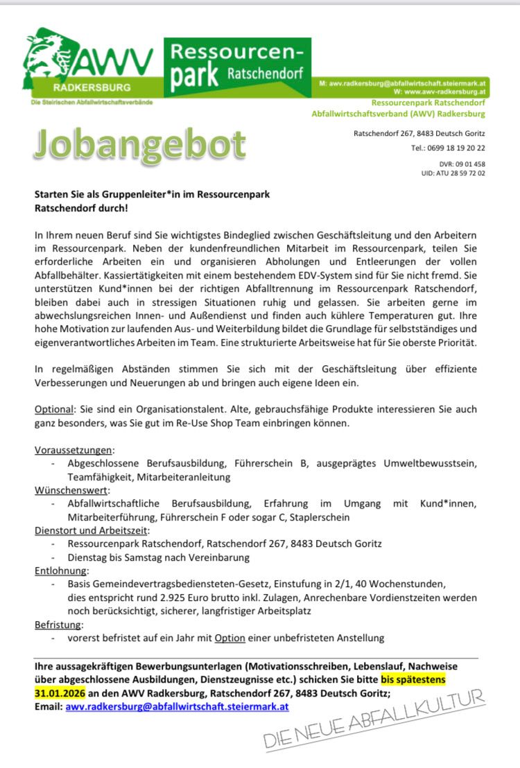 Stellenangebot in deutscher Sprache, das die Rolle eines Gruppenleiters in einem Ressourcenpark beschreibt. Es beinhaltet Verantwortlichkeiten, Anforderungen, Vorteile und Gehaltsdetails. Die Stellenbeschreibung ist auf Deutsch und bietet ein strukturiertes Arbeitsumfeld mit Möglichkeiten für selbstgesteuertes und verantwortungsvolles Arbeiten.