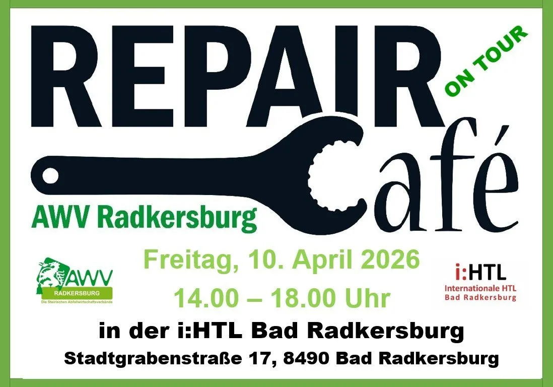 Plakat für eine Reparatur-Café in Bad Radkersburg, Deutschland. Veranstaltung am Freitag, 10. April 2026, von 14:00 bis 18:00 Uhr in der i:HTL Bad Radkersburg.