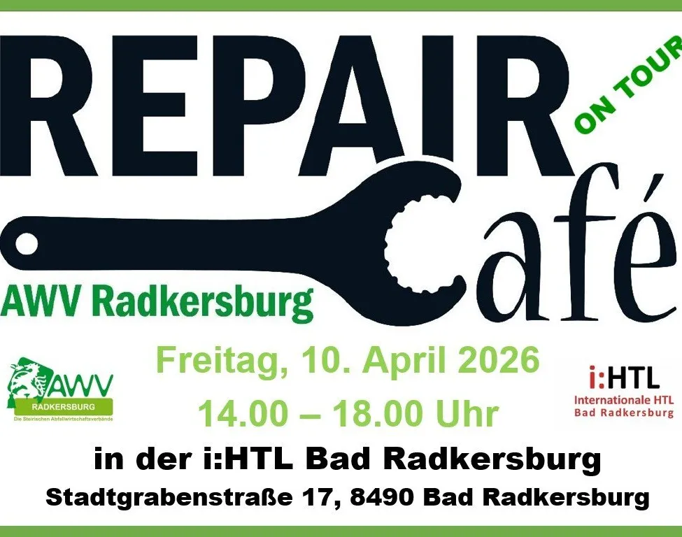 Plakat für eine Reparatur-Café in Bad Radkersburg, Deutschland. Veranstaltung am Freitag, 10. April 2026, von 14:00 bis 18:00 Uhr in der i:HTL Bad Radkersburg.