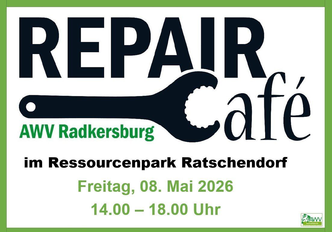 Das Repair Café bei Radkersbrug findet am Freitag, 08. Mai 2026, von 14:00 bis 18:00 Uhr im Ressourcenpark Ratschendor statt.