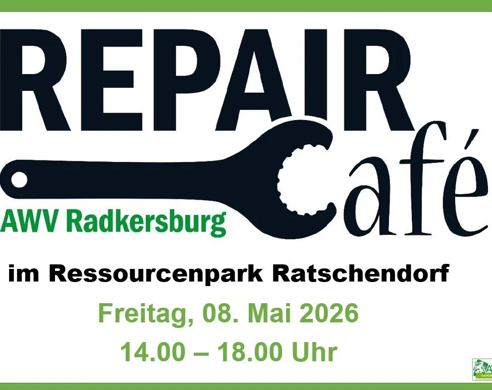 Das Repair Café bei Radkersbrug findet am Freitag, 08. Mai 2026, von 14:00 bis 18:00 Uhr im Ressourcenpark Ratschendor statt.