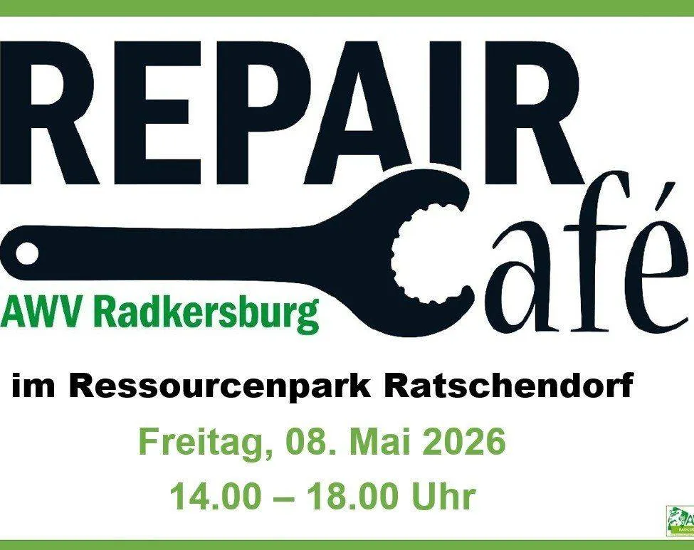 Werbeplakat für den Reparatur-Café Radkersburg am 8. Mai 2026 von 14-18 Uhr im Ressourcenpark Ratschendorf.