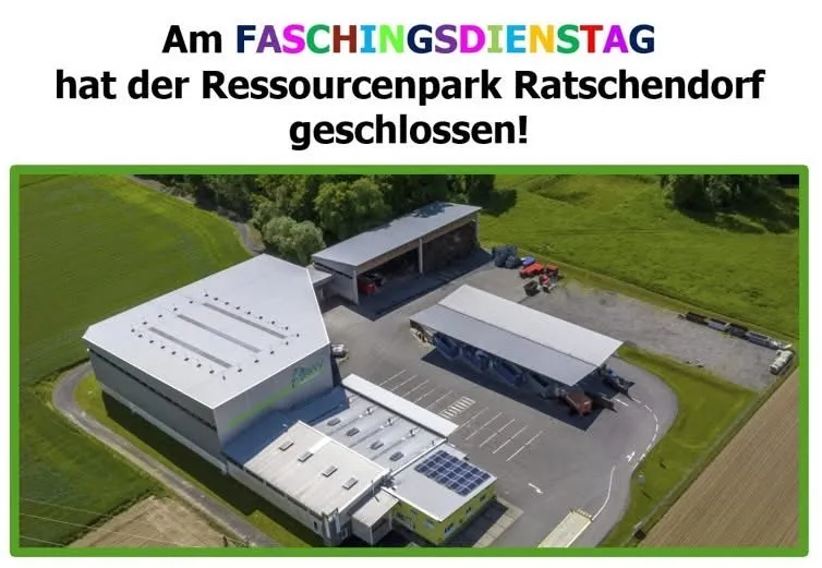 Am Ostermontag war der Ressourcenpark in Ratschendorf geschlossen. Das Bild zeigt eine Vogelperspektive des Parks mit mehreren Gebäuden und einem Parkplatz.