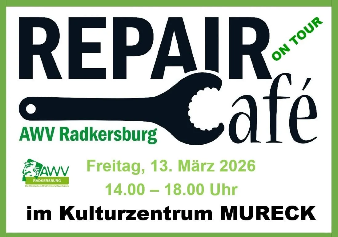 Plakat für Repair Café im Kulturzentrum MUREG am Freitag, 13. März 2026, von 14.00 bis 18.00 Uhr.
