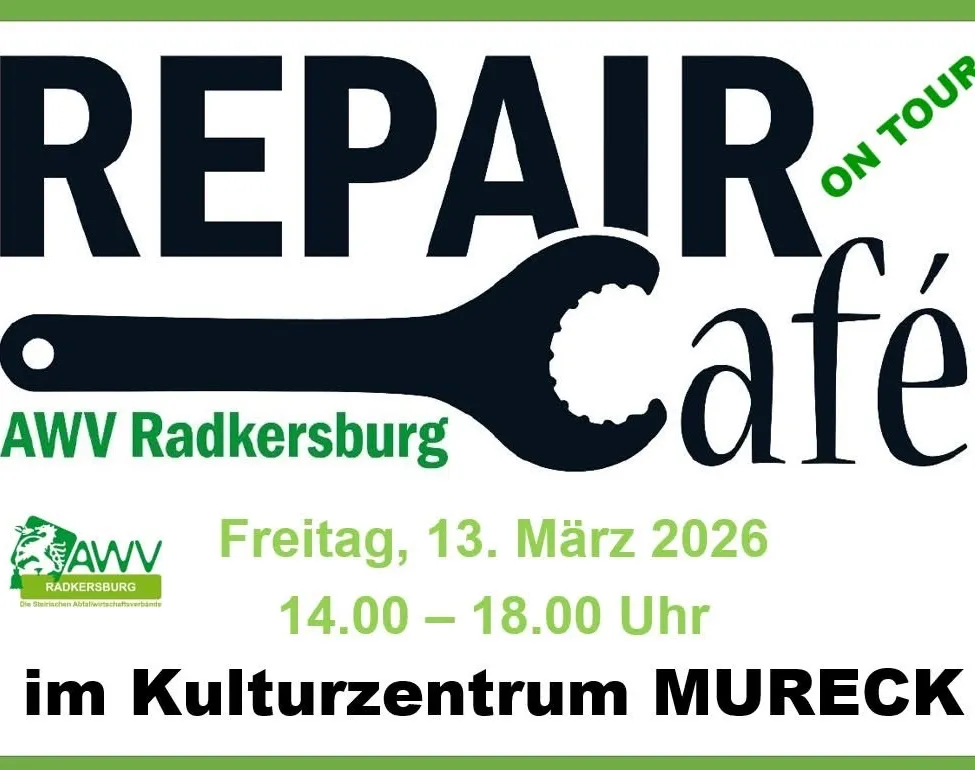 Plakat für Repair Café im Kulturzentrum MUREG am Freitag, 13. März 2026, von 14.00 bis 18.00 Uhr.