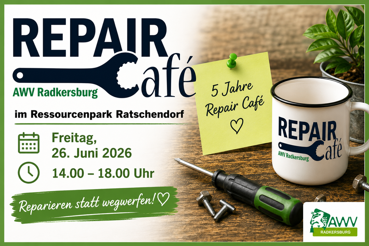 Werbeanzeige für Repair Café mit Schraubenschlüssel, Schraubendreher und Kaffeetasse. Es steht: '5 Jahre Repair Café'. Datum: 6. Juni 2026. Zeit: 16:00 - 18:00 Uhr. Ort: Quellenpark Ratschings.