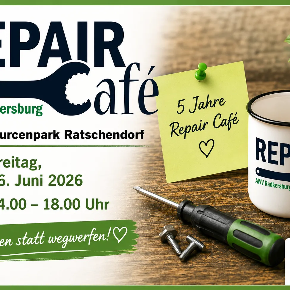 Werbeanzeige für Repair Café mit Schraubenschlüssel, Schraubendreher und Kaffeetasse. Es steht: '5 Jahre Repair Café'. Datum: 6. Juni 2026. Zeit: 16:00 - 18:00 Uhr. Ort: Quellenpark Ratschings.