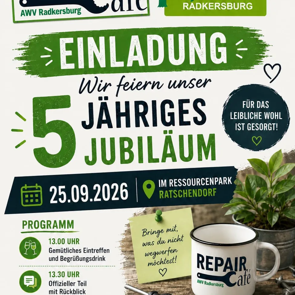 Plakat zur 5-jährigen Jubiläumsfeier von AWV Radkersburg mit einer Kaffeetasse, einer Pflanze und einem Kalendersymbol. Die Veranstaltung ist für den 25. September 2026 in Ratschenkorf geplant.