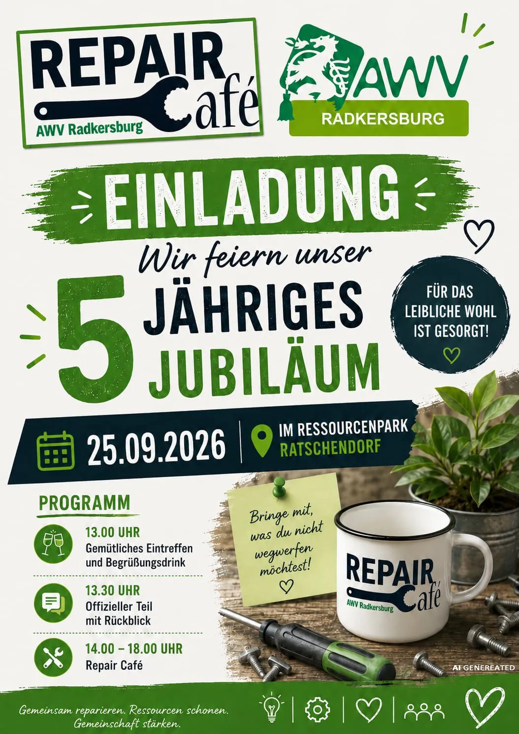 Plakat zur 5-jährigen Jubiläumsfeier von AWV Radkersburg mit einer Kaffeetasse, einer Pflanze und einem Kalendersymbol. Die Veranstaltung ist für den 25. September 2026 in Ratschenkorf geplant.
