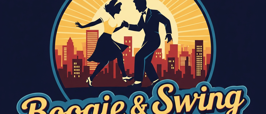 Eine lebendige Illustration eines Mannes und einer Frau, die in einer Stadt mit Gebäuden und einem Sonnenuntergang im Hintergrund tanzen. Die Worte 'Boogie & Swing Days' sind in fetter Schrift unter dem Paar angezeigt.