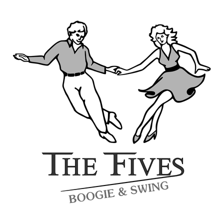 Ein schwarz-weißes Bild zeigt einen Mann und eine Frau, die tanzen, wahrscheinlich im Boogie-Woogie-Stil. Darunter steht 'The Fives Boogie & Swing'.