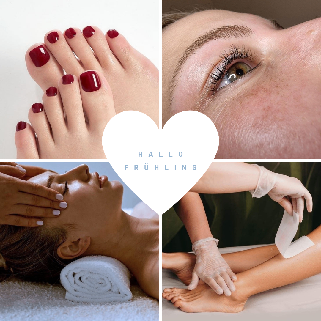 Drei Bilder einer Frau bei Schönheitsbehandlungen: Pediküre, Gesichtsbehandlung und Waxing. Ein Herzüberlagerung sagt 'Hallo Fruhling'.