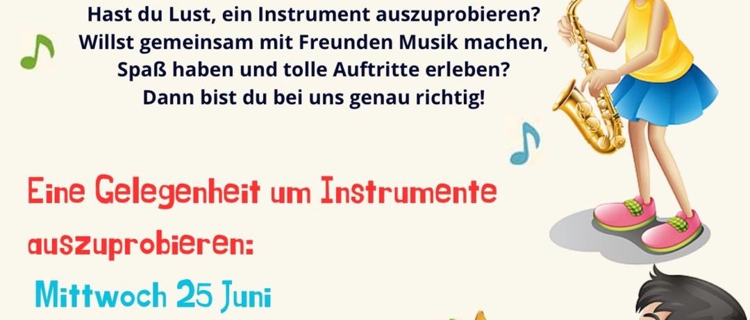 Plakat für eine Musikveranstaltung für Kinder, mit Zeichnungen von Kindern, die Instrumente spielen, und Text auf Deutsch und Englisch, der Kinder ermutigt, Instrumente auszuprobieren, Musik zu machen und Spaß zu haben. Die Veranstaltung findet am Mittwoch, 25. Juni, von 17-19 Uhr in Nordtrakt 2, Stock in Eberndorf statt.