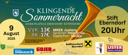 Plakat für Klingende Sommernacht auf der Marktkapelle Eberndorf-Kuhnsdorf. Eintritt 13 Euro, ermäßigt 17 Euro. Peter Grilliz spricht, VoiSix singt.