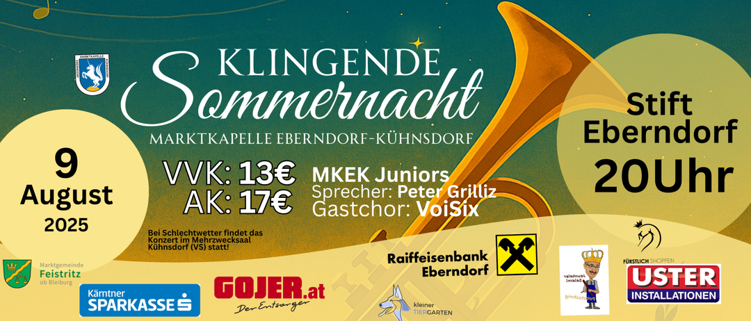 Plakat für Klingende Sommernacht auf der Marktkapelle Eberndorf-Kuhnsdorf. Eintritt 13 Euro, ermäßigt 17 Euro. Peter Grilliz spricht, VoiSix singt.