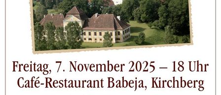 Ein Plakat für eine Quizveranstaltung am 7. November 2025 um 18 Uhr im Café-Restaurant Babeja, Kirchberg. Es zeigt ein Dorf mit Schloss, Hügeln und einem See. Teilnahme ist individuell oder in Teams möglich. Anmeldung bei Anton Fink.