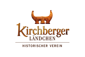 Das Logo für Kirchberger Landchen, einen historischen Verein, zeigt einen goldenen Horn auf schwarzem Hintergrund mit dem Text 'Kirchberger Landchen' in goldener Schrift und 'Historischer Verein' darunter in roter Schrift.