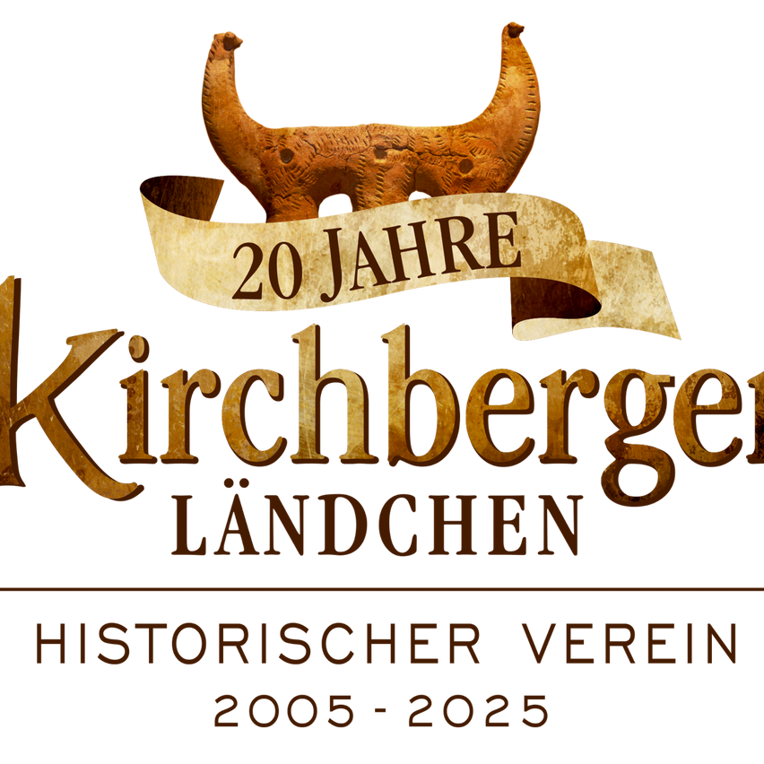 Das Kirchberger Landchen-Logo feiert 20 Jahre von 2005 bis 2025. Das Emblem zeigt ein goldenes Horn und eine Schleife mit den Worten '20 Jahre Kirchberger Landchen'. Unten steht 'Historischer Verein 2005-2025'.