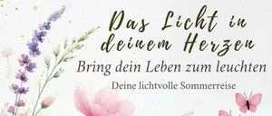 Eine Aquarellillustration von Blumen und Schmetterlingen mit einem Satz auf Deutsch. Der Text lautet 'Bring dein Leben zum Leuchten'. Es gibt mehrere Blumen in verschiedenen Farben.