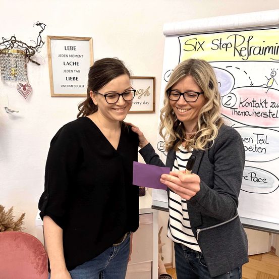 Zwei Frauen stehen neben einer Whiteboard mit motivierenden Texten und lächeln. Eine hält ein lila Papier und die andere schreibt darauf. Dahinter hat eine Wand einen gerahmten Zitat und dekorative Gegenstände.