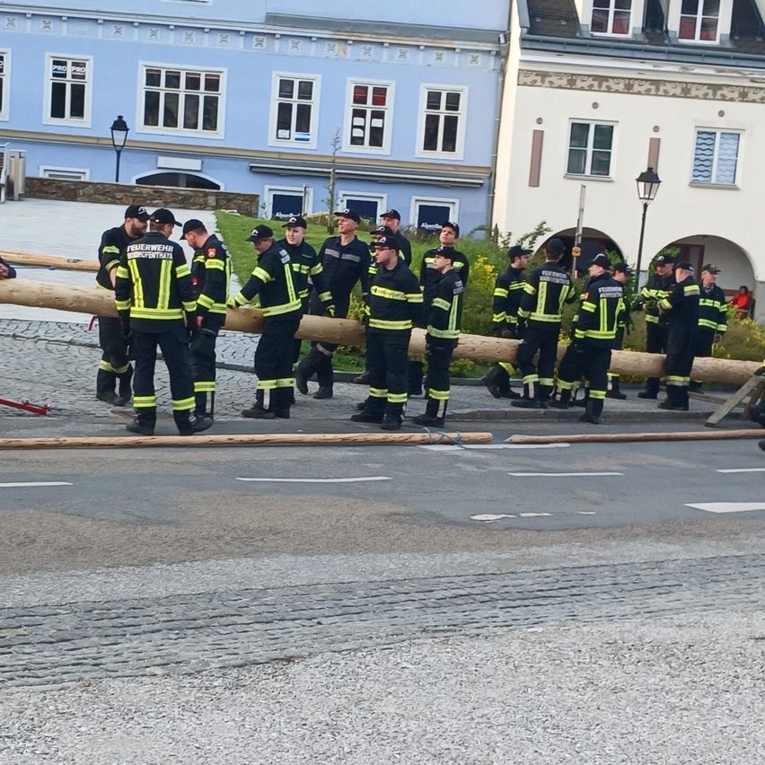 Eine Gruppe von Feuerwehrleuten steht vor einem Gebäude, sie halten einen langen Baumstamm. Sie sind in ihren Uniformen gekleidet, einige tragen Mützen. Das Gebäude hinter ihnen hat mehrere Fenster. Rechts ist eine Straßenlaterne zu sehen.