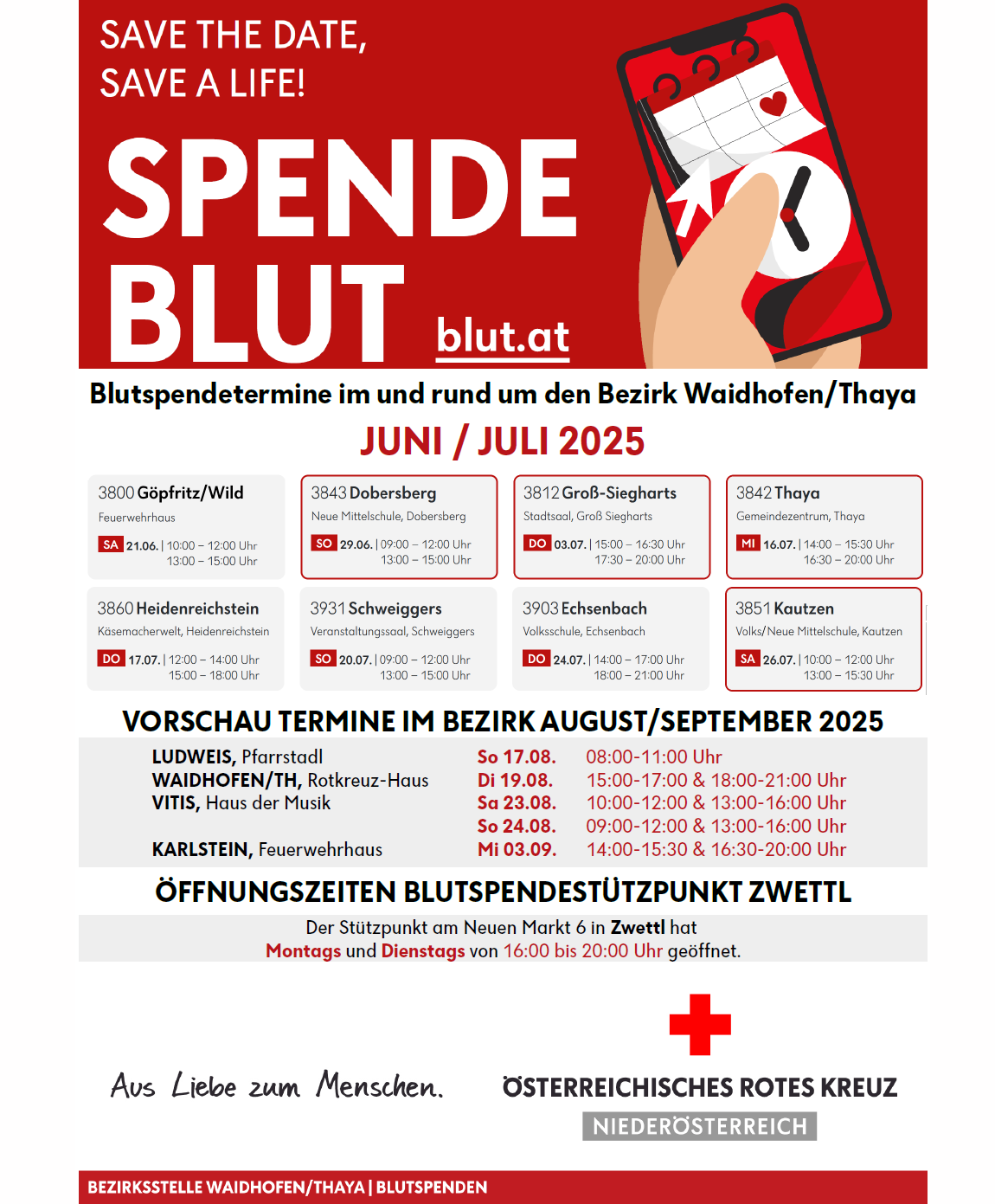 Blutspendetermin im und rund um den Bezirk Waidhofen/Thaya für Juni/Juli 2025. Beinhaltet Standorte, Daten und Zeiten für Spenden. Zusätzliche Blutspendepunkte verfügbar im August/September 2025.