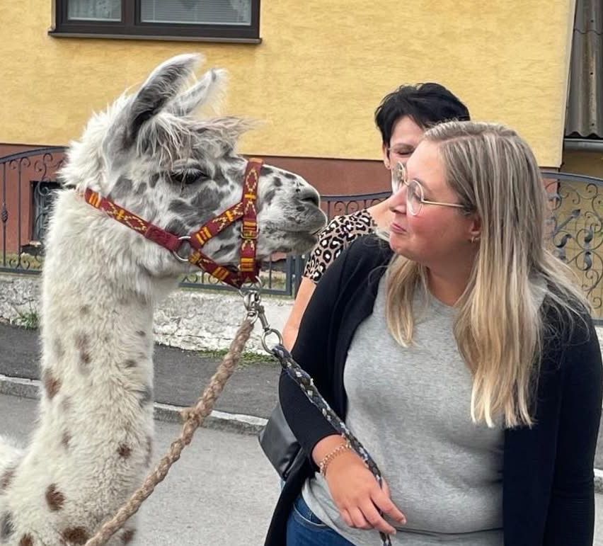 Eine Frau mit blonden Haaren und Brille streichelt ein weißes Alpaka mit braunen Flecken und einem roten Zaumzeug auf einer Straße.