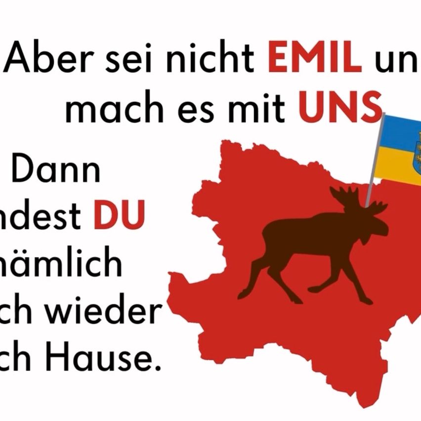 Poster mit einer Silhouette eines Elches auf einer roten Karte der Ukraine. Es steht 'Sei nicht wie Emil, mach es mit uns, dann bist du zu Hause.' Die ukrainische Flagge ist in der Ecke.