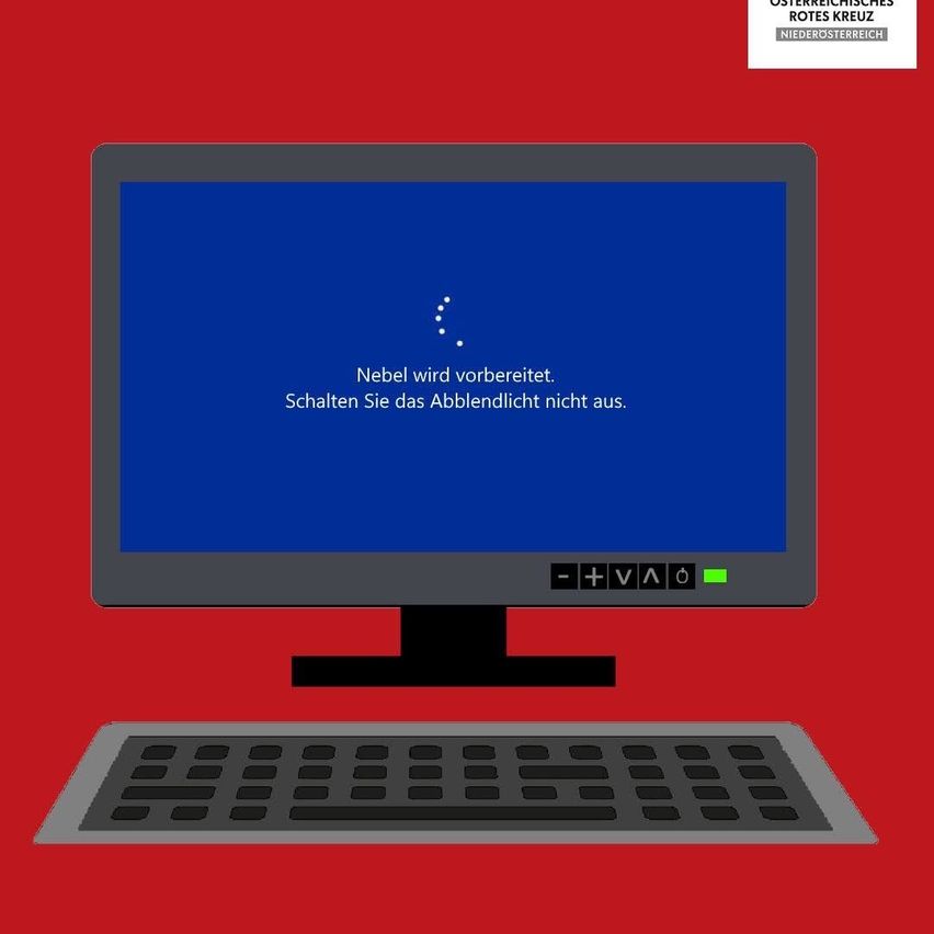 Illustration eines Computermonitors mit einem blauen Bildschirm, der eine Nachricht auf Deutsch anzeigt. Darunter befindet sich ein roter Hintergrund mit einem weißen Logo. Unten befindet sich eine Tastatur.