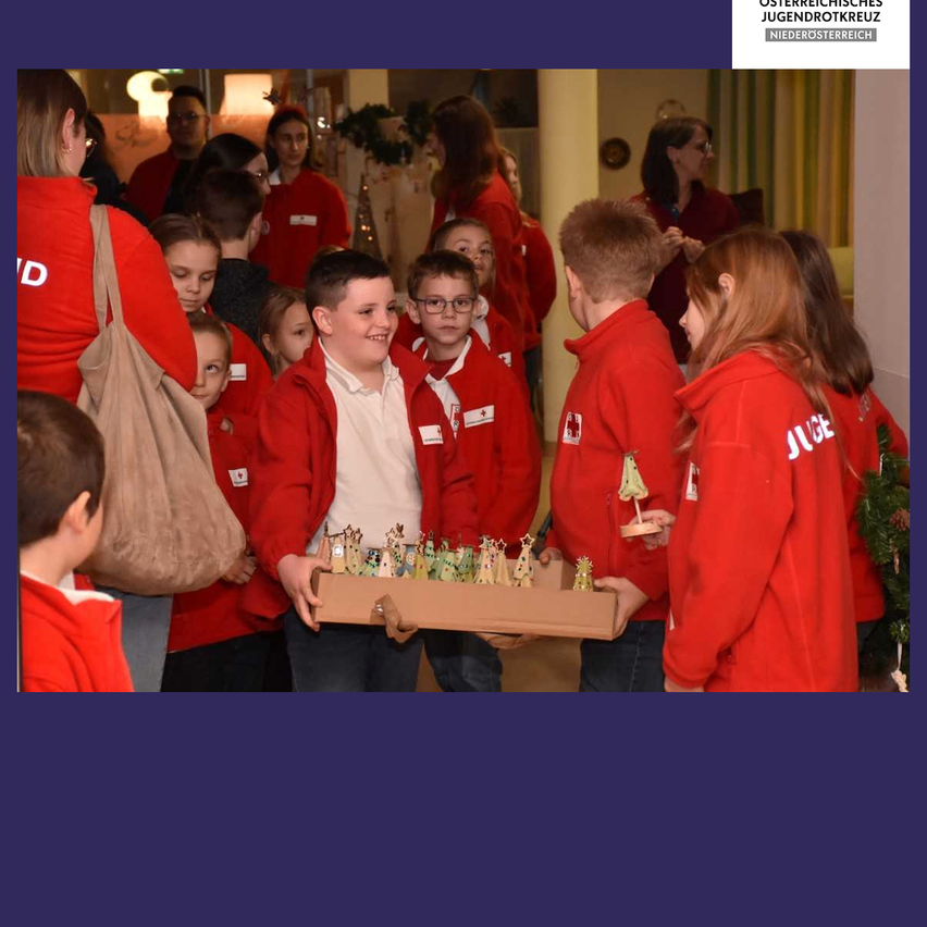 Eine Gruppe von Menschen in roten Jacken steht in einem Raum, möglicherweise bei einem Weihnachtsevent. Ein Junge in der Mitte hält eine Holzkiste mit einem Weihnachtsbaum. Hinter ihm hält eine Person eine Tasche. Im Hintergrund gibt es Weihnachtsdekorationen.