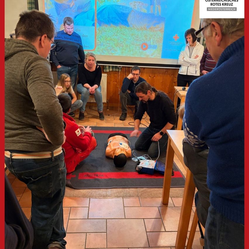 Eine Gruppe von Menschen ist drinnen und beobachtet einen Mann, der auf einem Dummies Herzdruckmassage durchführt. Es befindet sich eine Projektionsleinwand hinter ihnen.