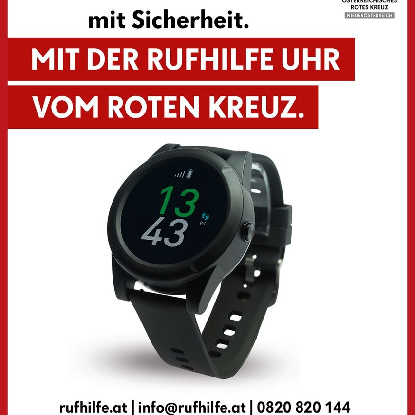Eine Werbung für eine Uhr mit 'mit Sicherheit' oben. Darunter steht 'Mit der Rufhilfe Uhr vom Roten Kreuz'. Die Uhr hat ein digitales Display von 13:43 und ein grünes Batteriesymbol.