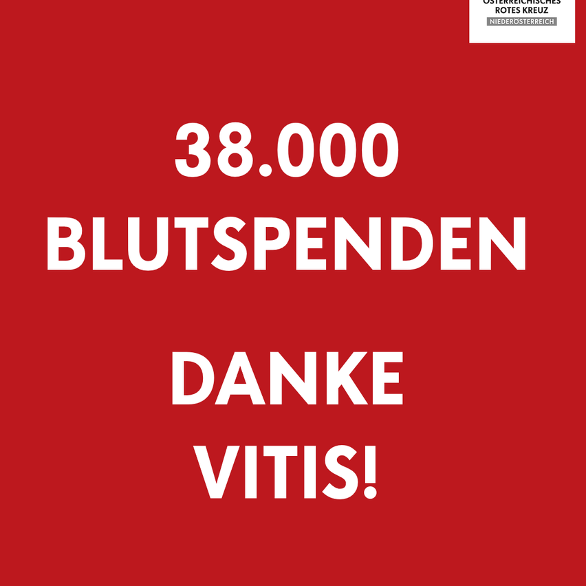 A red poster shows a count of 38,000 blood donations with the message 'Thank you, Vitus!' and a logo for the Austrian Red Cross, Lower Austria.
