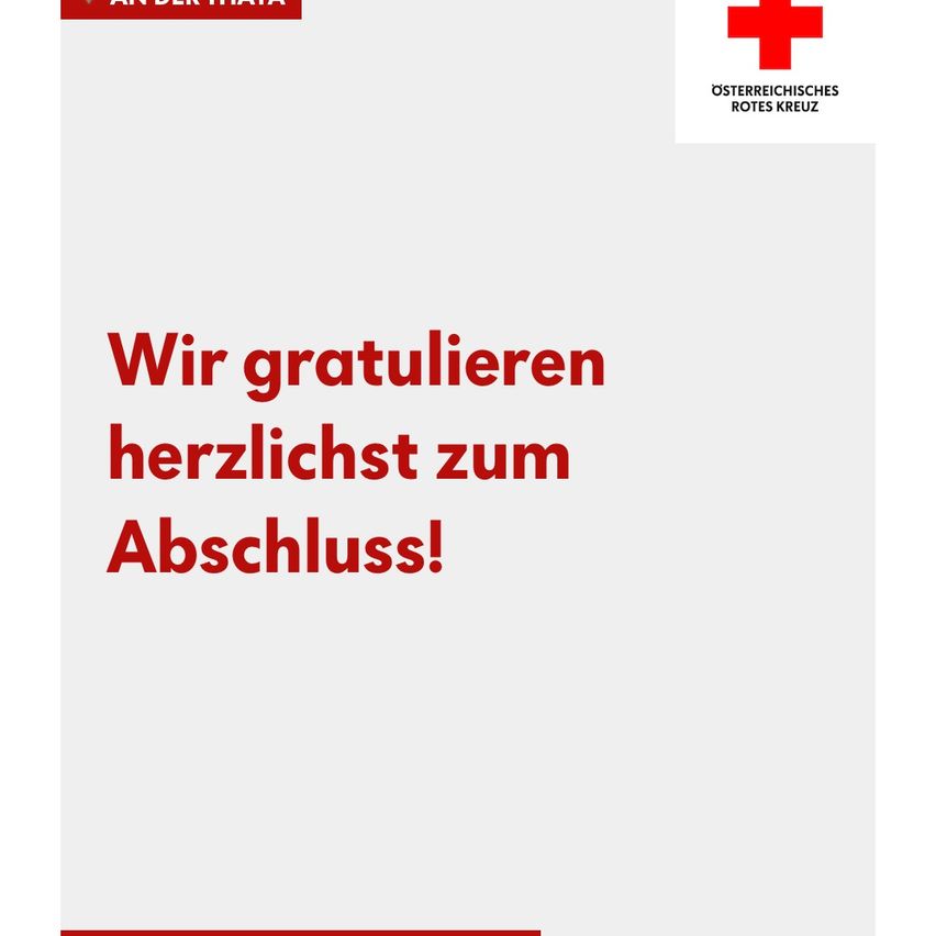 A white page with red text reading 'Wir gratulieren herzlichst zum Abschluss!' and a red cross logo in the top right corner.