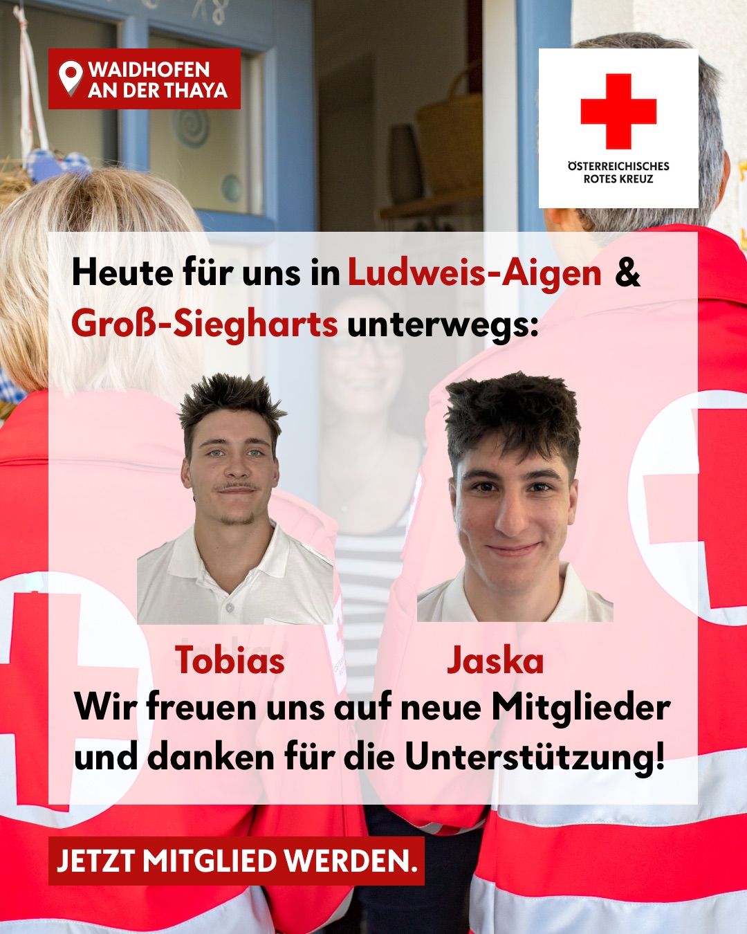 Plakat mit zwei lächelnden Männern in roten Jacken, einer heißt Tobias und der andere heißt Jaskar, mit Text auf Deutsch über die Straße in Ludwig-Aigen und Grob-Siegharts und Dankbarkeit für die Unterstützung.