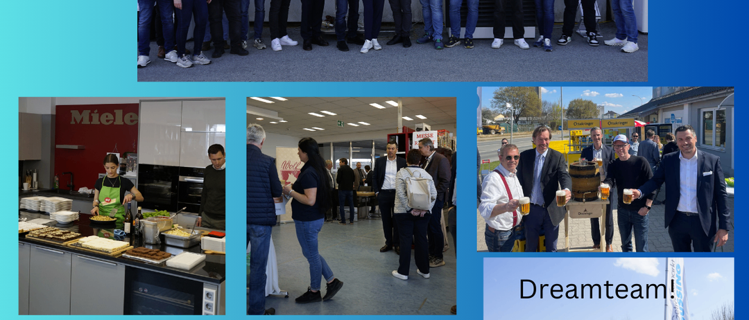 Eine Fotocollage mit vier Bildern: 1) Ein Technikerteam vor einem Gebäude, 2) Eine Frau kocht in einer Großküche, 3) Eine Gruppe Männer trinkt Bier, 4) Eine Gruppe von Menschen spaziert auf einer Messe mit einem Stand beschriftet mit "Dreamteam!"