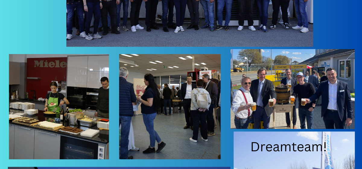 Eine Fotocollage mit vier Bildern: 1) Ein Technikerteam vor einem Gebäude, 2) Eine Frau kocht in einer Großküche, 3) Eine Gruppe Männer trinkt Bier, 4) Eine Gruppe von Menschen spaziert auf einer Messe mit einem Stand beschriftet mit "Dreamteam!"