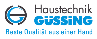 Das Logo für Haustechnik Gussing, mit einem stilisierten 'G' und dem Slogan 'Beste Qualität aus einer Hand', in Blau auf schwarzem Hintergrund.