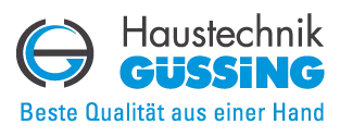 Das Logo für Haustechnik Gussing, mit einem stilisierten 'G' und dem Slogan 'Beste Qualität aus einer Hand', in Blau auf schwarzem Hintergrund.