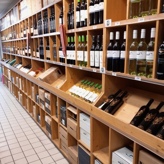 Ein Weinladen mit mehreren Holzregalen voller verschiedener Weine, einige mit Etiketten, andere ohne. Der Boden ist weiß gefliest.
