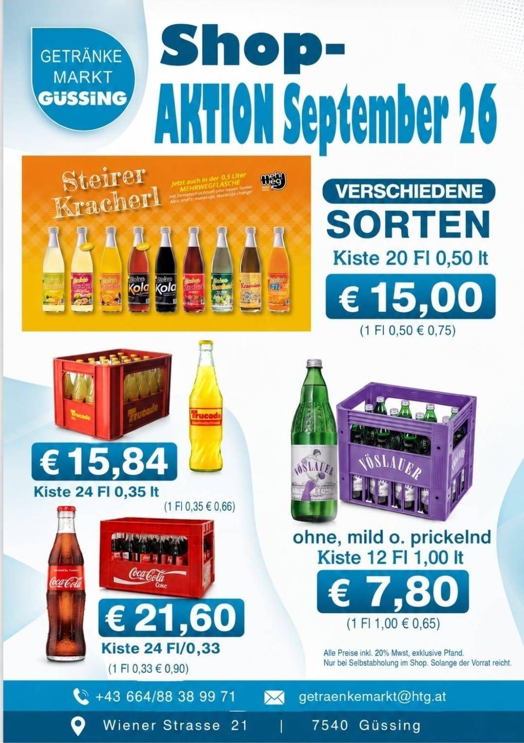 Eine Werbung für verschiedene Getränke, einschließlich 'Steirer Kracherl' und 'Cola', auf einem weißen Hintergrund. Es zeigt verschiedene Größen und Preise der Getränke.