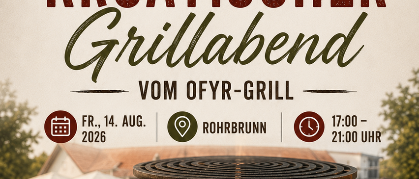 Ein Werbeplakat für einen kroatischen Grillabend im Laschalt Biohofgut am 14. August 2026 von 17:00 bis 21:00 Uhr, mit einem Grill, verschiedenen Fleischsorten und Gemüse.