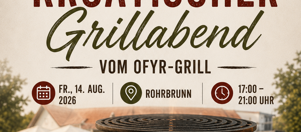 Ein Werbeplakat für einen kroatischen Grillabend im Laschalt Biohofgut am 14. August 2026 von 17:00 bis 21:00 Uhr, mit einem Grill, verschiedenen Fleischsorten und Gemüse.