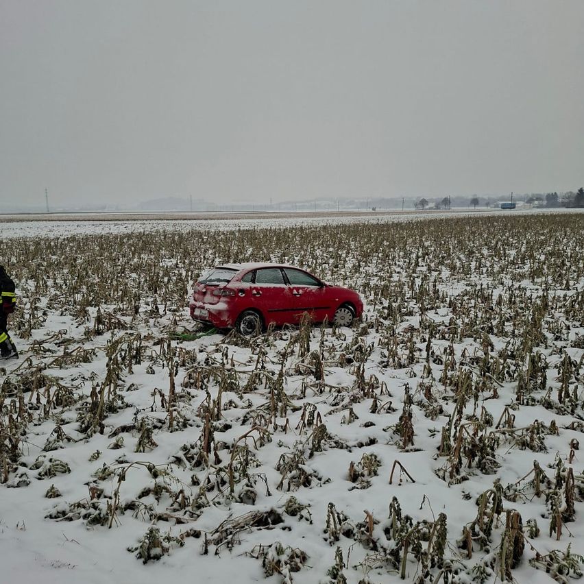 Ein rotes Auto steckt in einem schneebedeckten Feld mit trockenen Pflanzen. Ein Feuerwehrmann in Uniform nähert sich dem Fahrzeug. Der Himmel ist bewölkt.